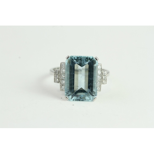 1527 - Platinum Emerald-Cut Aquamarine with 2 Step Shoulders. A6.20ct & D0.20ct