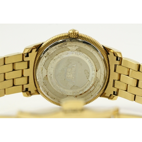 143 - TISSOT GOLD PLATED QUARTZ WRISTWATCH, circular silver dial with roman numeral hour markers, date ape... 