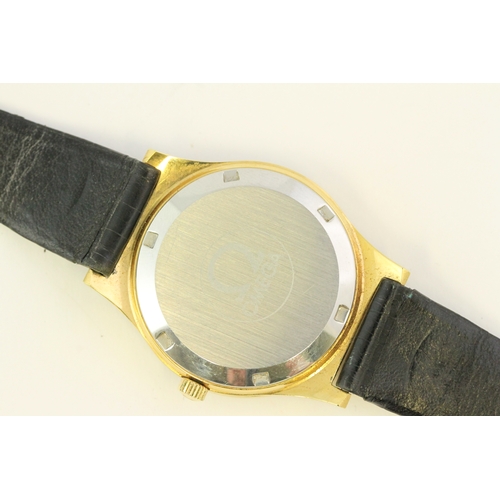 253 - OMEGA AUTOMATIC GENEVE, silvered dial, black baton hour markers, gold plated case 36mm, day and date... 