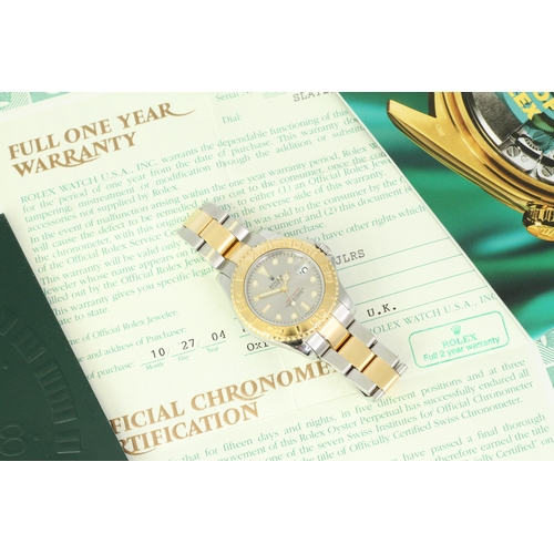 330 - ROLEX YACHT MASTER BI COLOUR REFERENCE 168623  WITH PAPERS,  slate grey dial with luminous hour mark... 