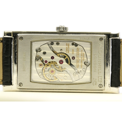 92 - ALFRED DUNHILL REFERENCE UH018 JAEGER LE COULTRE MOVEMENT, rectangular silver striped dial with arab... 