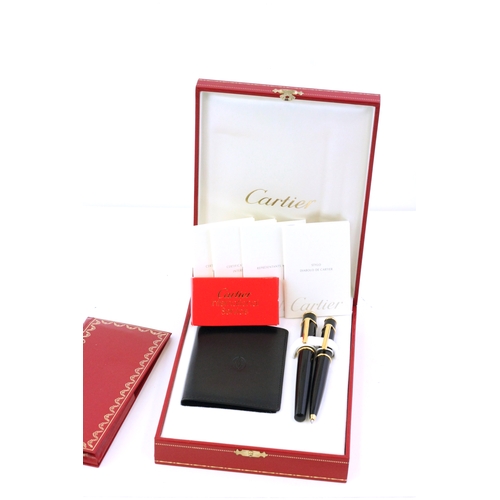 292 - DIABOLO DE CARTIER 2X PEN AND WALLET SET, fountain pen, black with gold detail, cabochon set lid, ma... 