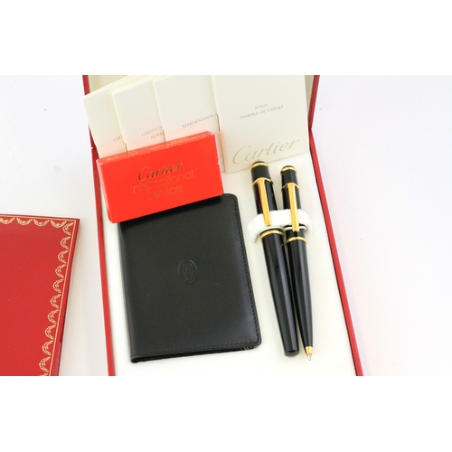 292 - DIABOLO DE CARTIER 2X PEN AND WALLET SET, fountain pen, black with gold detail, cabochon set lid, ma... 