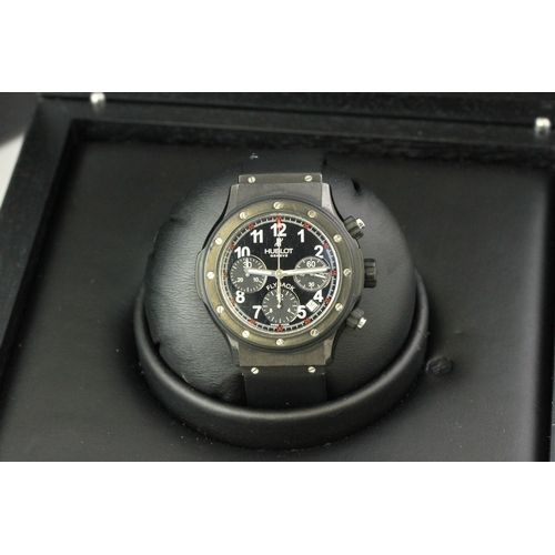 54 - HUBLOT SUPER B BLACK MAGIC FLYBACK CHRONOGRAPH WITH BOX REFERENCE B 1926.12, circular gloss black di... 