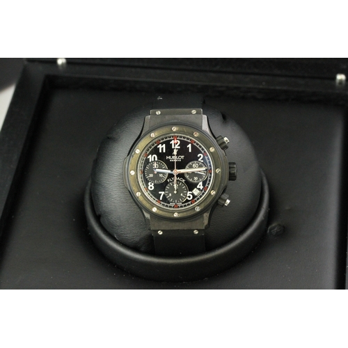 54 - HUBLOT SUPER B BLACK MAGIC FLYBACK CHRONOGRAPH WITH BOX REFERENCE B 1926.12, circular gloss black di... 