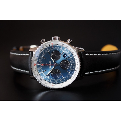 11 - BREITLING NAVITIMER B01 CHRONOGRAPH 43 WITH BOX REFERENCE AB0121, circular sunburst blue dial with b... 