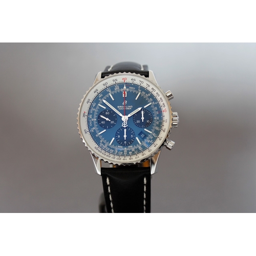 11 - BREITLING NAVITIMER B01 CHRONOGRAPH 43 WITH BOX REFERENCE AB0121, circular sunburst blue dial with b... 