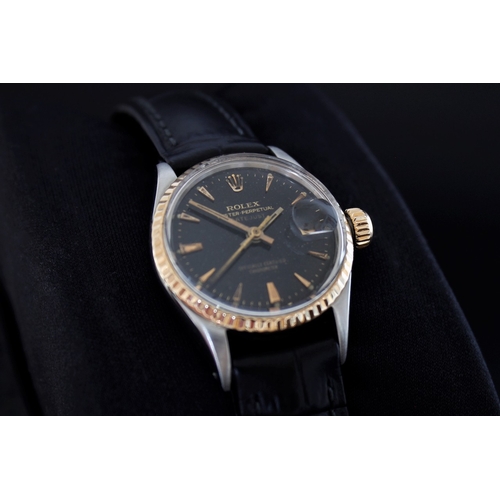 23 - ROLEX LADY DATEJUST 26 REFERENCE 6517 WITH PAPERS 1969, circular gloss black dial with patina, baton... 