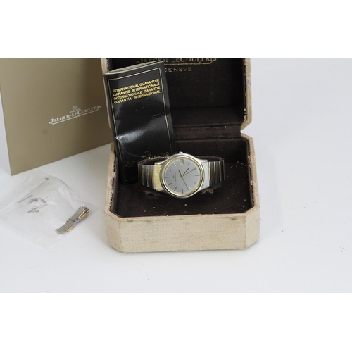 237 - JAEGER LE COULTRE INTEGRATED BRACELET BOX AND PAPERS 1988, circular silver dial with baton hour mark... 