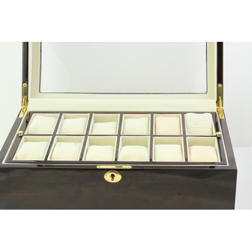 268 - 24 WATCH DISPLAY BOX, wooden box with glass display, two shelves of 12 cushions, no key but unlocked... 