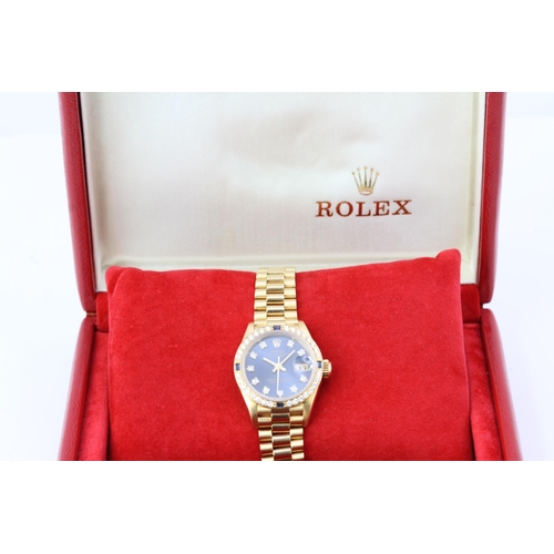 286 - 18CT LADIES ROLEX DATEJUST SAPPHIRE AND DIAMOND SET REFERENCE 69088 WITH BOX, circular sunburst blue... 