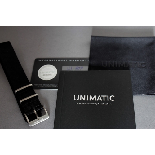 8 - UNIMATIC MODELLO BIOTOP LIMITED EDITION BOX AND PAPERS 2019, circular black dial with gilt baton hou... 