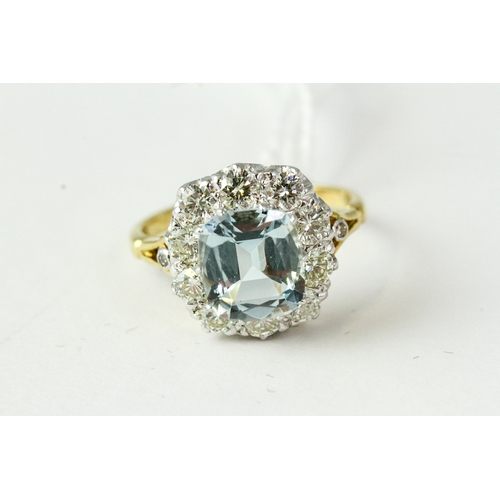 1018 - Fine 18ct gold platinum and diamond aquamarine cluster ring. The head of the ring measures 1.5cm in ... 