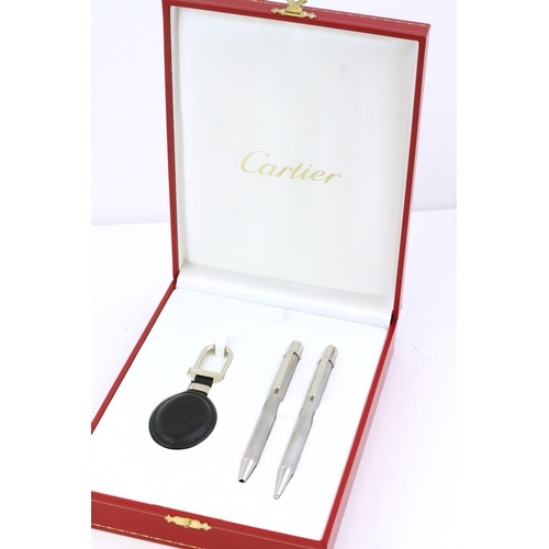 1020 - CARTIER PEN AND KEYRING SET, Must De Cartier Pen & Pencil, brushed steel cases, leather key ring, wi... 