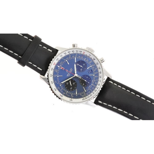 11 - BREITLING NAVITIMER B01 CHRONOGRAPH 43 WITH BOX REFERENCE AB0121, circular sunburst blue dial with b... 