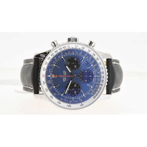 11 - BREITLING NAVITIMER B01 CHRONOGRAPH 43 WITH BOX REFERENCE AB0121, circular sunburst blue dial with b... 