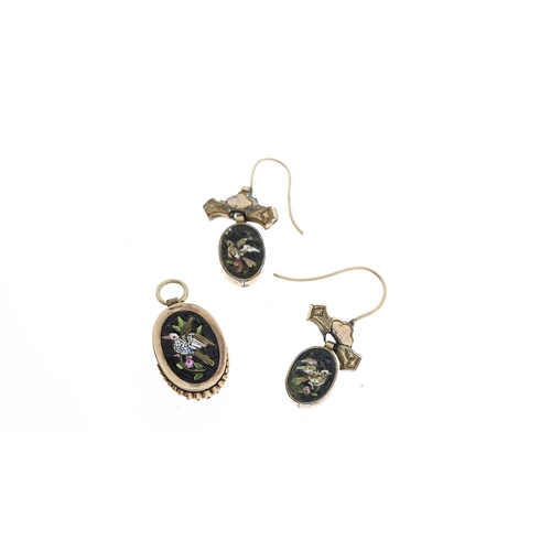 1291 - Antique 9ct gold micro mosaic necklace and earrings set . Depicts birds on both the earrings and the... 