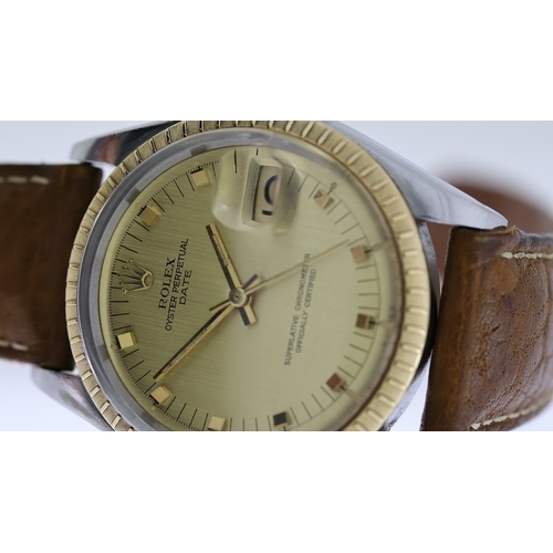 13 - UNUSUAL ROLEX OYSTER PERPETUAL DATE REFERENCE 1505  CIRCA 1972 WITH PAPERS & RARE CHAMPAGNE BLOCK MA... 