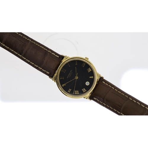 144 - RAYMOND WEIL 5542, black dial, Roman numerals, brown leather strap, quartz, currently running