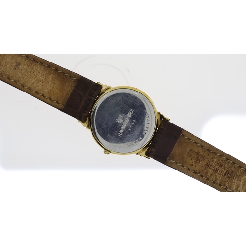 144 - RAYMOND WEIL 5542, black dial, Roman numerals, brown leather strap, quartz, currently running