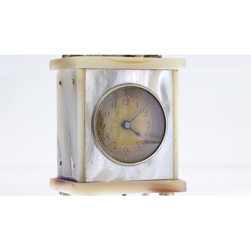 183 - PERIOD MINIATURE CARRIAGE CLOCK, MOTHER OF PEARL WITH LEATHER CASE, 36x30mm case with chrome feet an... 