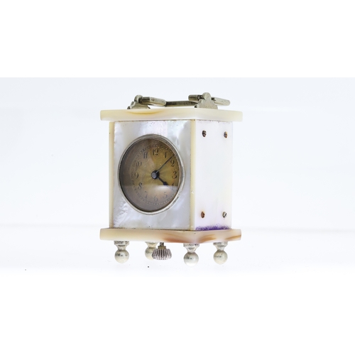 183 - PERIOD MINIATURE CARRIAGE CLOCK, MOTHER OF PEARL WITH LEATHER CASE, 36x30mm case with chrome feet an... 