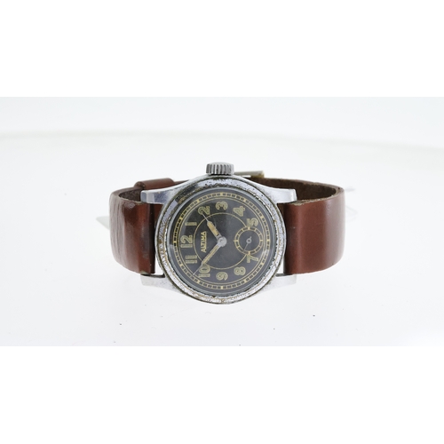 197 - VINTAGE ALTIMA MILITARY WRIST WATCH, circular black dial with arabic numeral hour markers, subsidiar... 