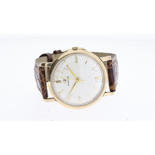 205 - VINTAGE 9CT OMEGA MANUAL WIND WRISTWATCH, circular cream dial with baton hour markers, 34mm 9ct gold... 