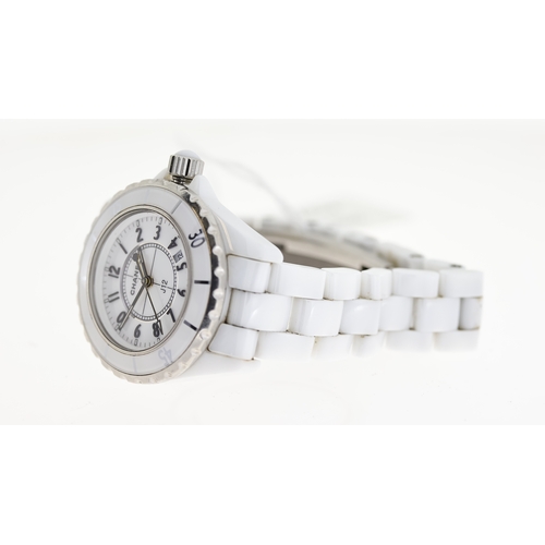 254 - CHANEL J12 WATCH, QUARTZ MOVEMENT, white ceramic bracelet, date aperture between 4-5 o'clock, curren... 