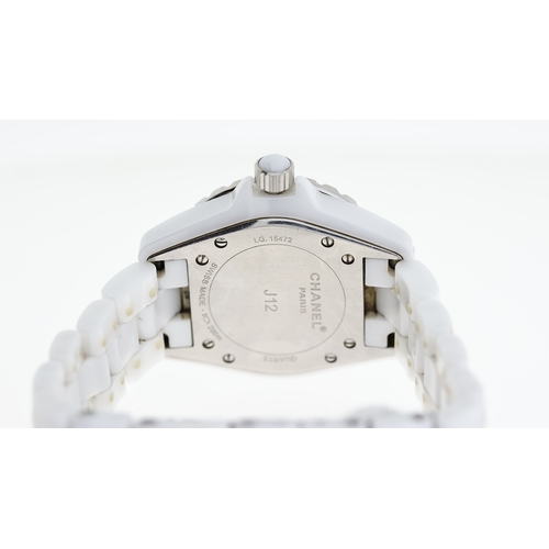 254 - CHANEL J12 WATCH, QUARTZ MOVEMENT, white ceramic bracelet, date aperture between 4-5 o'clock, curren... 