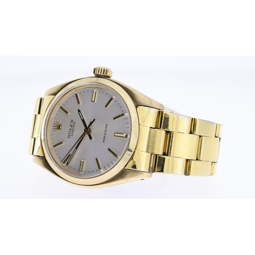 43 - VINTAGE 9CT ROLEX OYSTER PRECISION, circular silver dial with baton hour markers, 35mm 9ct gold case... 