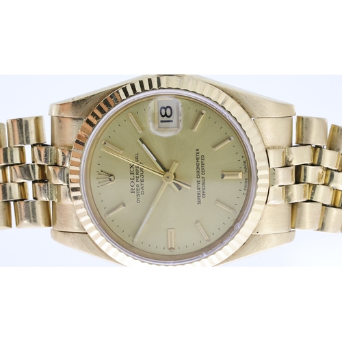 45 - 18CT LADIES ROLEX DATEJUST CIRCA 1986, circular champagne dial with baton hour markers, date apertur... 