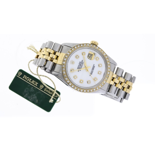 48 - ROLEX DATEJUST 36 STEEL AND GOLD DIAMONDS 16013 CIRCA 1978, circular aftermarket mother of pearl dia... 