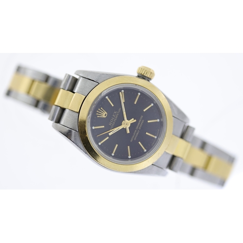 53 - LADIES ROLEX OYSTER PERPETUAL STEEL AND GOLD AUTOMATIC, circular black dial with baton hour markers,... 