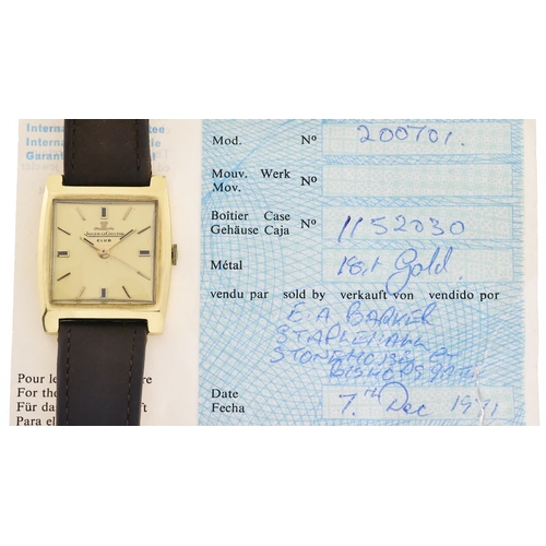 70 - 18CT VINTAGE JAEGER LE COULTRE CLUB WITH PAPERS 1971, square champagne dial with baton hour markers,... 