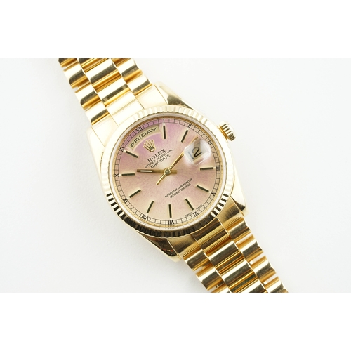 290 - ROLEX OYSTER PERPETUAL DAY DATE 18CT GOLD 'PINK' DIAL W/ GUARANTEE REF. 118238 CIRCA 2002, circular ... 