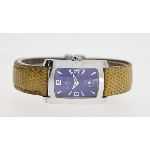 128 - BAUME & MERCIER GENEVE REF 65309 W/BOX & GUARANTEE CARD, approx 23mm blue dial with dauphine hour ma... 