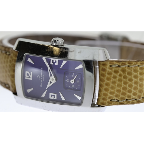 128 - BAUME & MERCIER GENEVE REF 65309 W/BOX & GUARANTEE CARD, approx 23mm blue dial with dauphine hour ma... 