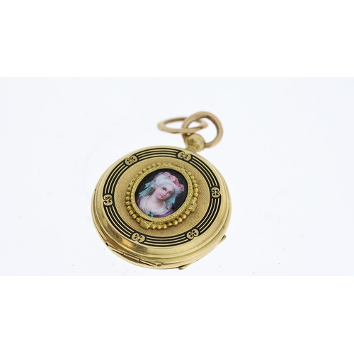 15 - 18CT SMALL ENAMEL POCKET WATCH WITH BOX, circular white dial with roman numeral hour markers, half h... 