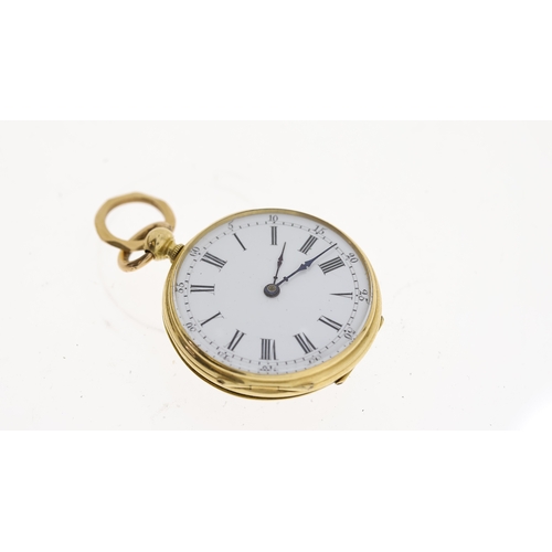 15 - 18CT SMALL ENAMEL POCKET WATCH WITH BOX, circular white dial with roman numeral hour markers, half h... 