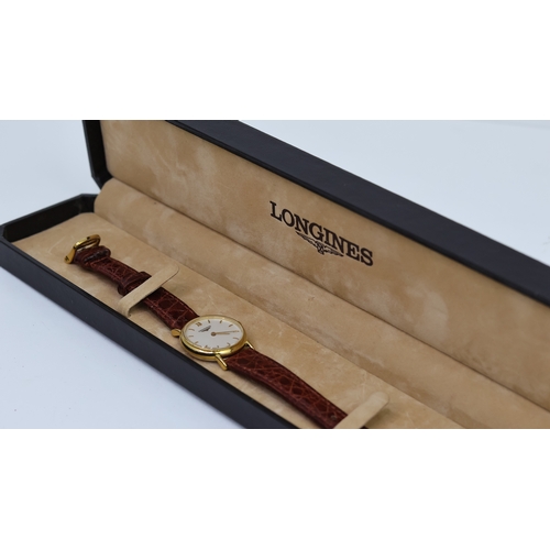 229 - ***TO BE SOLD WITHOUT RESERVE***LADIES LONGINES W/BOX, approx 23mm dial, baton hour markers, quartz ... 