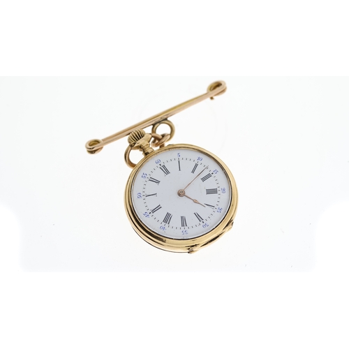 21 - 18CT POCKET WATCH WITH PIN, white dial with roman numeral hour markers, approx 35mm 18ct case, hallm... 