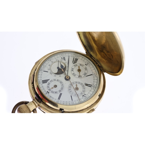 22 - 18CT FULL HUNTER CALENDAR REPEATER POCKET WATCH, approx 56mm 18ct gold case, running but repeater no... 