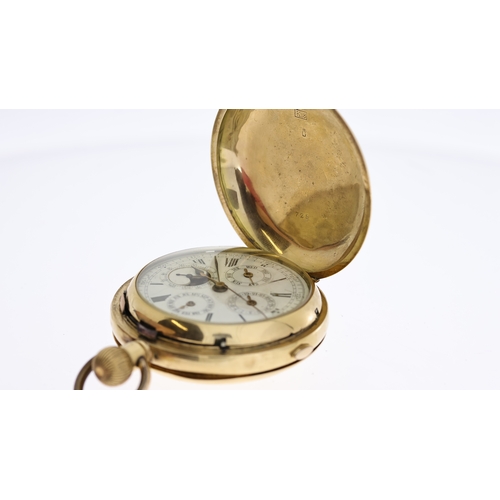 22 - 18CT FULL HUNTER CALENDAR REPEATER POCKET WATCH, approx 56mm 18ct gold case, running but repeater no... 