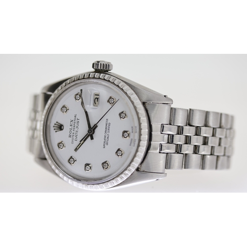 41 - VINTAGE ROLEX DATEJUST 1603 CIRCA 1969, circular aftermarket white dial with diamond hour markers, d... 