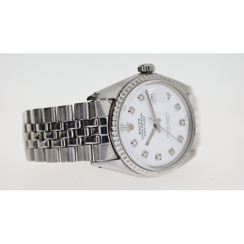 41 - VINTAGE ROLEX DATEJUST 1603 CIRCA 1969, circular aftermarket white dial with diamond hour markers, d... 