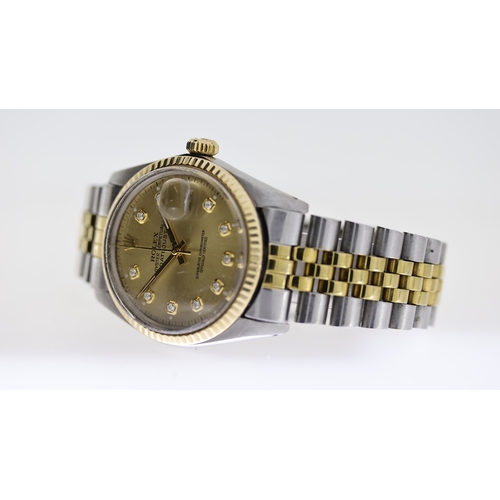 47 - ROLEX DATEJUST STEEL AND GOLD DIAMOND DOT REF 16013 CIRCA 1981, circular champagne dial with diamond... 