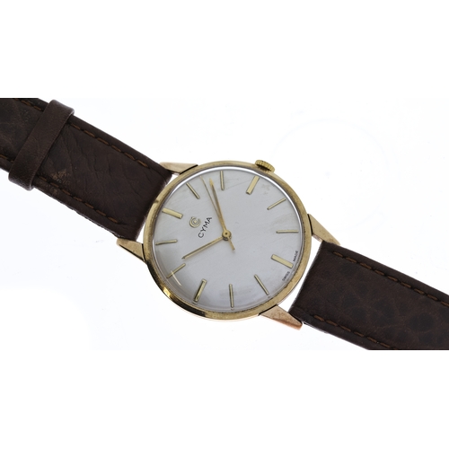 5 - VINTAGE 9CT CYMA MECHANICAL WRISTWATCH, circular silver dial with baton hour markers, 34mm 9ct gold ... 