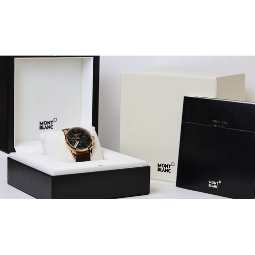 32 - 18CT MONTBLANC TIMEWALKER CHRONOGRAPH REFERENCE 7096 WITH BOX AND BOOKLET, circular black dial with ... 