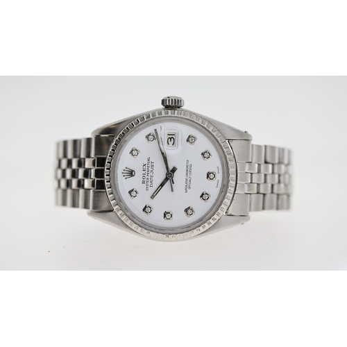 41 - VINTAGE ROLEX DATEJUST 1603 CIRCA 1969, circular aftermarket white dial with diamond hour markers, d... 